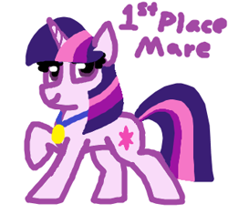 Size: 316x297 | Tagged: safe, artist:purblehoers, twilight sparkle, pony, unicorn, g4, female, mare, medal, ms paint, raised hoof, simple background, solo, unicorn twilight, white background