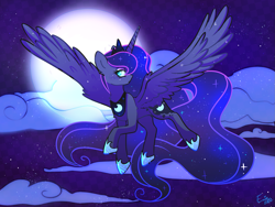 Size: 1685x1269 | Tagged: safe, artist:sxlipsis, princess luna, alicorn, pony, g4, cloud, cloudy, crown, female, jewelry, mare, moon, night, regalia, solo, stars