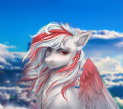 Size: 4500x4000 | Tagged: safe, artist:lynex_483, oc, oc:skyshard melody, pegasus, pony, blurry background, bust, cloud, commission, confident, ear piercing, earring, female, jewelry, mare, outdoors, pendant, piercing, portrait, red eyes, red mane, sky, sky background, solo, white fur, white mane, wings