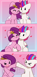 Size: 3300x6826 | Tagged: safe, artist:kittyrosie, pipp petals, zipp storm, pegasus, pony, g5, ><, adorable distress, adorapipp, adorazipp, blushing, cute, duo, duo female, eyes closed, female, floating heart, gradient background, heart, mare, open mouth, royal sisters (g5), sibling love, siblings, simple background, sissy slap fight, sisterly love, sisters, smiling