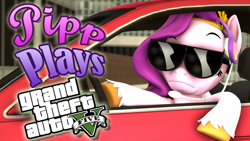 Size: 1920x1080 | Tagged: safe, artist:pika-robo, pipp petals, pegasus, pony, series:pipp plays, g4, g5, 3d, car, fake thumbnail, female, g5 to g4, gamer pipp, gaming headset, generation leap, grand theft auto, gta v, headset, let's play, mare, raised eyebrow, source filmmaker, sunglasses, video game, weapon, youtube thumbnail