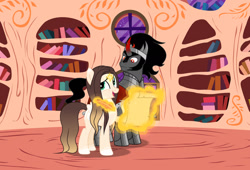 Size: 1280x870 | Tagged: safe, artist:cindystarlight, king sombra, oc, oc:cindy, pegasus, pony, g4, base used, female, golden oaks library, magic, mare, scroll
