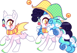 Size: 1138x780 | Tagged: safe, artist:kurosawakuro, oc, oc only, bat pony, pony, base used, bat pony oc, clothes, clown, clown nose, coat markings, colored wings, cute, cute little fangs, ear fluff, fangs, female, green eyes, hat, heterochromia, jester, jester hat, jingle bells, mare, red nose, simple background, socks, socks (coat markings), solo, spread wings, transparent background, wings, yellow eyes