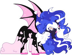 Size: 4930x3764 | Tagged: safe, artist:kurosawakuro, oc, alicorn, bat pony, bat pony alicorn, hybrid, pony, absurd resolution, alicorn oc, base used, bat pony oc, bat wings, beard, bearded female, chest fluff, colored hooves, colored horn, ethereal mane, facial hair, female, goatee, horn, interspecies offspring, mare, offspring, parent:discord, parent:twilight sparkle, parents:discolight, simple background, solo, sparkly mane, sparkly wings, spread wings, starry hair, starry mane, starry wings, transparent background, wings