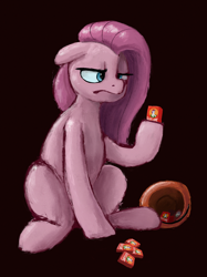 Size: 2048x2732 | Tagged: safe, artist:phutashi, pinkie pie, earth pony, pony, g4, brown background, female, floppy ears, food, frown, high res, hoof hold, lidded eyes, looking at something, mare, pinkamena diane pie, pumpkin bucket, raisins, simple background, solo