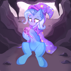 Size: 1000x1000 | Tagged: safe, artist:thieftea, trixie, unicorn, cape, cave, clothes, crystal, ear fluff, female, glowing, hat, mare, solo, trixie's cape, trixie's hat