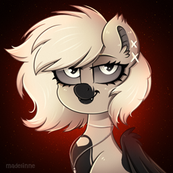 Size: 2000x2000 | Tagged: safe, artist:madelinne, oc, oc only, oc:devilvoice, bat pony, pony, bust, commission, gradient background, high res, jewelry, portrait, red, solo