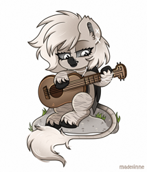 Size: 2000x2340 | Tagged: safe, artist:madelinne, oc, oc only, oc:devilvoice, bat pony, pony, chibi, commission, guitar, high res, leonine tail, musical instrument, playing guitar, simple background, solo, tail, unshorn fetlocks, white background