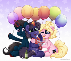 Size: 3408x2931 | Tagged: safe, artist:madelinne, oc, oc only, oc:fenris ebonyglow, oc:kara waypoint, oc:slashing prices, earth pony, pegasus, pony, unicorn, alcohol, arm around neck, balloon, birthday, birthday gift, clothes, colored hooves, commission, earth pony oc, fangs, glass, hat, high res, horn, magic, magic aura, open mouth, party hat, pegasus oc, scarf, smiling, stars, tongue out, trio, unicorn oc, unshorn fetlocks, wine, wine glass
