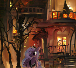 Size: 2763x2480 | Tagged: safe, ai assisted, ai content, artist:neoshrek, princess luna, alicorn, pony, g4, halloween, high res, holiday, jack-o-lantern, pumpkin, solo