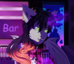 Size: 5314x4606 | Tagged: source needed, useless source url, safe, artist:creed larsen, oc, oc:ozgrave, alicorn, bat pony, bat pony alicorn, pony, bat wings, choker, cross, drink, drinking straw, ear piercing, earring, energy drink, fangs, horn, jewelry, lip piercing, magic, male, monster energy, neon, nose piercing, nose ring, piercing, snake bites, solo, wings