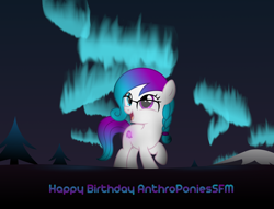 Size: 4250x3250 | Tagged: safe, artist:strategypony, oc, oc only, oc:aurora starling, earth pony, pony, aurora borealis, birthday, braid, cute, earth pony oc, female, filly, foal, glasses, gradient mane, gradient tail, high res, looking up, mountain, night, ocbetes, tail, text, tree