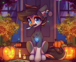 Size: 3451x2819 | Tagged: safe, artist:radioaxi, oc, oc only, earth pony, pony, candle, halloween, high res, holiday, jack-o-lantern, knife, pumpkin, solo