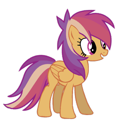 Size: 3072x3072 | Tagged: safe, artist:taeko, oc, oc only, oc:speedy skies, pegasus, pony, 2022, base used, female, folded wings, fuchsia eyes, gritted teeth, high res, looking offscreen, magical lesbian spawn, mare, missing cutie mark, multicolored mane, multicolored tail, offspring, orange fur, parent:rainbow dash, parent:scootaloo, parents:scootadash, pegasus oc, simple background, smiling, solo, tail, teeth, transparent background, wings