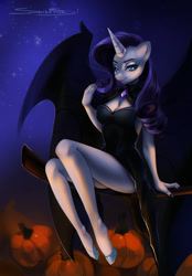 Size: 892x1280 | Tagged: safe, artist:severnoesi, rarity, undead, unicorn, vampire, anthro, unguligrade anthro, g4, bat wings, breasts, busty rarity, cleavage, female, halloween, holiday, pumpkin, solo, wings