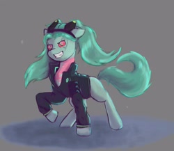Size: 4216x3654 | Tagged: safe, artist:dastrak, cyborg, cyborg pony, earth pony, pony, clothes, crossover, cyberpunk, cyberpunk 2077, cyberpunk: edgerunners, fangs, female, jacket, mare, ponified, raised hoof, rebecca (cyberpunk: edgerunners), red sclera, solo