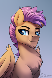 Size: 2000x3000 | Tagged: safe, artist:jedayskayvoker, oc, oc only, oc:bulwark, pegasus, pony, blue eyes, bust, chest fluff, chin fluff, eyebrows, folded wings, gradient background, high res, icon, male, not scootaloo, patreon, patreon reward, pegasus oc, portrait, smiling, solo, stallion, wings