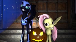 Size: 1920x1080 | Tagged: safe, artist:rainofbladess, fluttershy, nightmare moon, alicorn, bat pony, pony, mlp fim's twelfth anniversary, g4, 3d, bat ponified, bat wings, castle of the royal pony sisters, door, flutterbat, halloween, happy birthday mlp:fim, holiday, jack-o-lantern, lights, looking at you, pumpkin, race swap, smiling, smiling at you, source filmmaker, stairs, wings