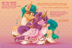 Size: 4020x2700 | Tagged: safe, artist:alzmariowolfe, hitch trailblazer, pipp petals, earth pony, pegasus, pony, g5, adorapipp, chest fluff, cute, female, gold, headband, height difference, jewelry, male, mare, meme, music notes, otp, pipp is short, princess, ship:pitch, shipping, stallion, straight, unshorn fetlocks