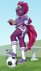 Size: 1048x1800 | Tagged: safe, artist:dstears, fizzlepop berrytwist, tempest shadow, unicorn, anthro, plantigrade anthro, g4, belly button, blowing whistle, breasts, broken horn, clipboard, clothes, cute, female, football, grass, gym teacher, gym teacher tempest, horn, mare, midriff, mouth hold, reasonably sized breasts, school of friendship, sexy, shoes, socks, sports, stupid sexy tempest shadow, tempestbetes, that pony sure does love whistles, visor cap, whistle, whistle necklace