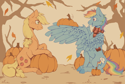 Size: 3000x2000 | Tagged: safe, artist:flaming-trash-can, applejack, rainbow dash, earth pony, pegasus, pony, g4, autumn, clothes, high res, leaves, pumpkin, scarf, striped scarf, tree