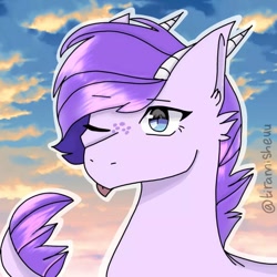 Size: 1080x1080 | Tagged: safe, artist:malikaulfah12, oc, oc only, oc:crystal clarity, dracony, hybrid, kilalaverse, bust, female, interspecies offspring, offspring, one eye closed, outline, parent:rarity, parent:spike, parents:sparity, signature, solo, tongue out, wink