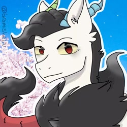 Size: 1080x1080 | Tagged: safe, artist:malikaulfah12, oc, oc only, oc:prince illusion, hybrid, kilalaverse, bust, interspecies offspring, looking at you, male, mismatched horns, offspring, outline, parent:discord, parent:princess celestia, parents:dislestia, smiling, solo