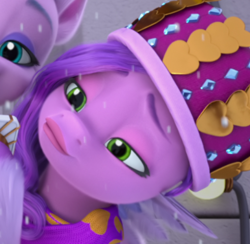 Size: 386x377 | Tagged: safe, screencap, pipp petals, queen haven, pegasus, pony, g5, my little pony: make your mark, my little pony: make your mark chapter 3, winter wishday, spoiler:g5, spoiler:my little pony: winter wishday, spoiler:winter wishday, cropped, crown, duckface, female, jewelry, lips, lipstick, mare, offscreen character, regalia, solo focus