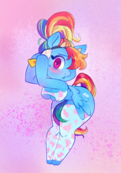 Size: 903x1280 | Tagged: safe, artist:v33tox, rainbow dash, pegasus, anthro, unguligrade anthro, g4, alternate hairstyle, arm hooves, big breasts, blushing, breasts, busty rainbow dash, butt, chibi, clothes, cow ears, cow horns, cowprint, headband, hips, horns, large butt, looking at you, one eye covered, ponytail, sexy, socks, solo, stupid sexy rainbow dash, thigh highs, thighs, thunder thighs, wide hips
