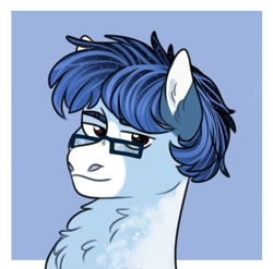 Size: 1366x1351 | Tagged: safe, artist:kiiitssss, oc, oc only, oc:soaring spirit, pegasus, pony, abstract background, accessory, bust, chest fluff, coat markings, colored ears, facial markings, glasses, male, markings, multicolored hair, multicolored mane, pegasus oc, portrait, simple background, solo, stallion, wingless