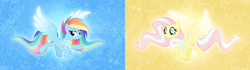 Size: 4000x1125 | Tagged: safe, artist:orin331, fluttershy, rainbow dash, pegasus, pony, g4, floating, flowing mane, glowing, glowing wings, looking at you, magic, rainbow power, raised hoof, redesign, simple background, wings