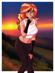 Size: 1533x2019 | Tagged: safe, artist:exvius, sunset shimmer, human, equestria girls, g4, bare shoulders, belly button, breasts, hill, midriff, sleeveless, solo, sunset, thinking