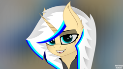 Size: 5120x2880 | Tagged: safe, artist:just rusya, oc, oc only, oc:4 bore, pony, unicorn, abstract background, bust, clothes, fangs, jacket, looking at you, portrait, smiling, teeth