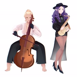 Size: 2048x2048 | Tagged: safe, artist:cryweas, applejack, rarity, human, g4, barefoot, bow (instrument), cello, cello bow, clothes, coat, digital art, duo, elf ears, feet, female, gloves, hat, high heels, high res, humanized, jewelry, lesbian, musical instrument, nail polish, necklace, pants, saxophone, ship:rarijack, shipping, shirt, shoes, shorts, simple background, stockings, thigh highs, white background