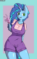 Size: 1338x2113 | Tagged: safe, artist:papery xlp, misty brightdawn, unicorn, anthro, g5, breasts, busty misty brightdawn, clothes, female, freckles, overall shorts, overalls, solo, waving