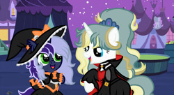 Size: 1500x818 | Tagged: safe, artist:princessmoonsilver, oc, oc:alisa, oc:krystel, pony, unicorn, base used, clothes, costume, dress, duo, female, filly, foal, halloween, hat, holiday, mother and child, mother and daughter, nightmare night, witch hat