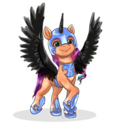 Size: 1024x1117 | Tagged: safe, artist:zsnowfilez, nightmare moon, sunny starscout, earth pony, pony, g5, clothes, cosplay, costume, nightmare moon armor, nightmare night costume, nightmare sunny, simple background, solo, transparent background