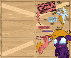 Size: 1920x1585 | Tagged: safe, artist:alexdti, oc, oc only, oc:aqua lux, oc:purple creativity, oc:warm focus, angel, devil, pegasus, pony, comic:quest for friendship, blushing, breaking the fourth wall, butt, comic, dialogue, ears back, female, folded wings, glasses, grammar error, hammer, hoof hold, hooves, looking at someone, mare, nails, onomatopoeia, open mouth, pegasus oc, pinpoint eyes, plot, shoulder angel, shoulder devil, speech bubble, spread wings, underhoof, wings, wood, yelling