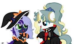 Size: 1800x1089 | Tagged: safe, alternate version, artist:princessmoonsilver, oc, oc only, oc:alisa, oc:krystel, pony, unicorn, clothes, costume, dress, duo, female, filly, foal, halloween, hat, holiday, mother and child, mother and daughter, nightmare night, simple background, transparent background, vector, witch hat