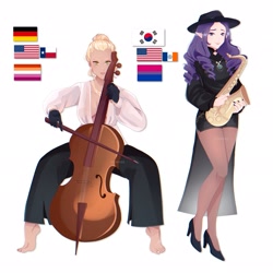 Size: 2048x2048 | Tagged: safe, alternate version, artist:cryweas, applejack, rarity, human, g4, american flag, asian, barefoot, bisexual pride flag, bow (instrument), cello, cello bow, clothes, coat, digital art, duo, elf ears, feet, female, german flag, germany, gloves, hat, headcanon, high heels, high res, humanized, jewelry, lesbian, lesbian pride flag, musical instrument, nail polish, necklace, pants, pride, pride flag, saxophone, ship:rarijack, shipping, shirt, shoes, shorts, simple background, socks, south korea, south korean flag, stockings, thigh highs, white background