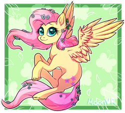 Size: 1175x1063 | Tagged: safe, artist:moonvr, fluttershy, pegasus, pony, abstract background, chest fluff, ear fluff, female, flower, flower in hair, flower in tail, looking up, mare, outline, solo, spread wings, tail, three quarter view, unshorn fetlocks, white outline, wings