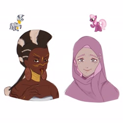 Size: 2048x2048 | Tagged: safe, artist:cryweas, cheerilee, zecora, earth pony, human, pony, zebra, g4, africa, african, alternate hairstyle, cheeribetes, cute, dark skin, duo, ear piercing, earring, high res, hijab, humanized, islam, jewelry, neck rings, piercing, simple background, tattoo, white background, zecorable