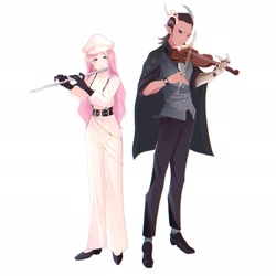 Size: 2048x2048 | Tagged: safe, artist:cryweas, discord, fluttershy, human, anthro, g4, amputee, clothes, duo, female, flute, high res, horn, humanized, male, musical instrument, playing instrument, prosthetic limb, prosthetics, ship:discoshy, shipping, simple background, standing, straight, suit, white background