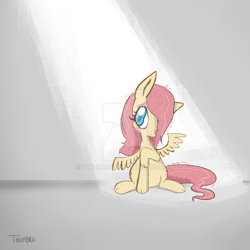 Size: 1920x1920 | Tagged: safe, artist:tinumbrio, fluttershy, pegasus, pony, g4, aside glance, blushing, deviantart watermark, female, hair over one eye, head tilt, looking at you, mare, obtrusive watermark, raised hoof, sitting, solo, spotlight, spread wings, watermark, wings
