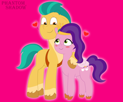 Size: 4800x4000 | Tagged: safe, artist:phantomshadow051, hitch trailblazer, pipp petals, earth pony, pegasus, pony, g5, my little pony: tell your tale, adorapipp, blushing, cute, female, heart, looking at each other, looking at someone, male, mare, ship:pitch, shipping, simple background, smiling, smiling at each other, stallion, straight