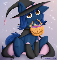 Size: 3300x3500 | Tagged: safe, artist:rafiiis, oc, oc only, pony, unicorn, candy, candy cane, cape, clothes, commission, female, food, halloween, hat, high res, holiday, horn, pumpkin bucket, solo, unicorn oc, witch, witch hat, ych result