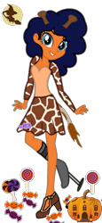 Size: 1121x2427 | Tagged: safe, artist:mapleb, oc, oc only, oc:heartspring, giraffe, human, amputee, candy, clothes, costume, dress, food, grin, hairband, halloween, halloween costume, high heels, holiday, humanized, humanized oc, lollipop, moon, nonbinary, prosthetic leg, prosthetic limb, prosthetics, pumpkin, shoes, simple background, smiling, solo, transparent background