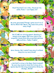 Size: 2048x2792 | Tagged: safe, gameloft, idw, applejack, pinkie pie, toffee truffle, vermouth roux, earth pony, griffon, pony, g4, applejack's hat, bowtie, cowboy hat, dialogue, english, event, female, game screencap, glasses, ham pony, hat, high res, idw showified, male, mare, microphone, spread wings, stallion, text, wings
