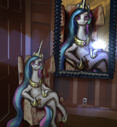 Size: 2270x2452 | Tagged: safe, artist:ciborgen, princess celestia, alicorn, pony, g4, chair, closed mouth, crossed legs, crown, eyes open, female, high res, horn, jewelry, lighting, looking at you, picture, regalia, sitting, smiling, solo, throne, wings