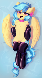 Size: 2192x4096 | Tagged: safe, artist:kebchach, oc, oc only, oc:jeppesen, pegasus, pony, bed, bedroom eyes, braid, braided tail, butt fluff, chest fluff, clothes, collar, ear fluff, featureless crotch, female, flower, flower in hair, heart, heart eyes, latex, latex socks, latex stockings, mare, on bed, open mouth, pegasus oc, socks, solo, spread wings, stockings, tail, thigh highs, twin braids, wingding eyes, wings